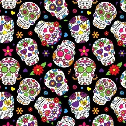 Black Sugar Skull Flower Fabric - Actual Image.webp