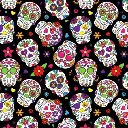 Black Sugar Skull Flower Fabric - Actual Image.webp