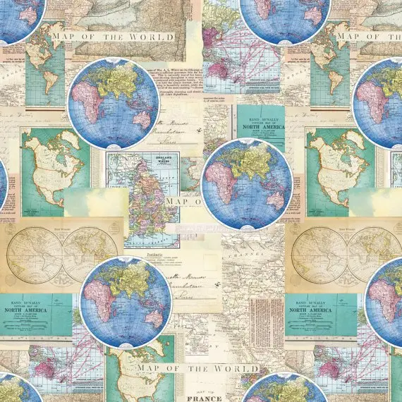 Blue World Map Fabric - Actual Image.webp