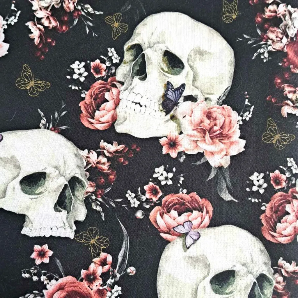 Black Meko Skull Rose Fabric - Actual Image.webp