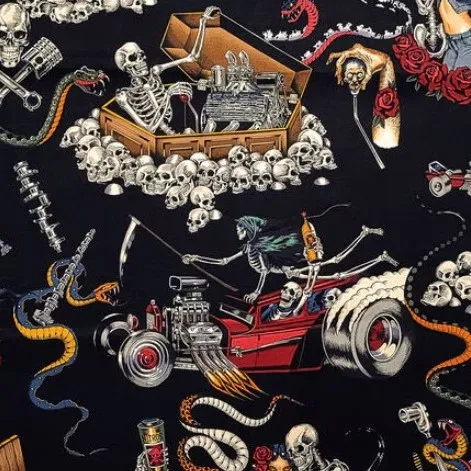 Black Skulls Cars Fabric - Actual Image.webp
