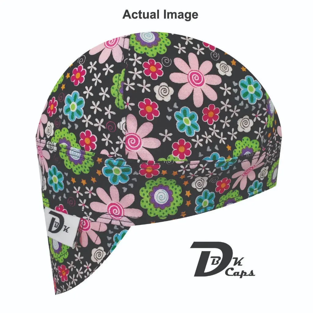 Black Pink Floral Welding Cap (6 3/8", Black Liner, No, 7" Standard Length)