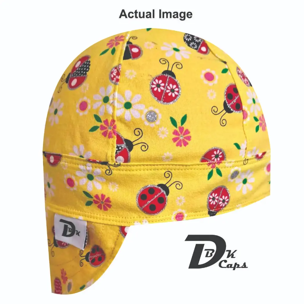 Yellow Lady Bug Welding Cap (6 3/8", Black Liner, No, 7" Standard Length)