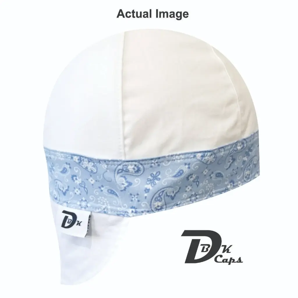 White Solid Blue Paisley Bandana (Light) Band Welding Cap (6 3/8", Black Liner, No, 7" Standard Length)