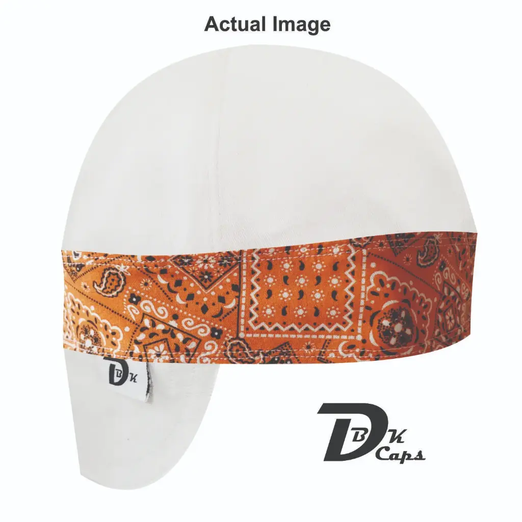 White Solid Orange Bandana (Dark) Band Welding Cap (6 3/8", Black Liner, No, 7" Standard Length)