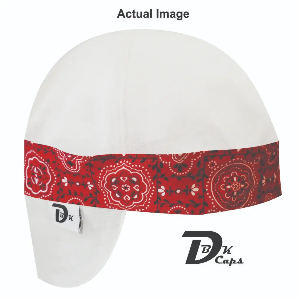 White Solid Red Bandana (Dark) Welding Cap (6 3/8", Black Liner, No, 7" Standard Length)
