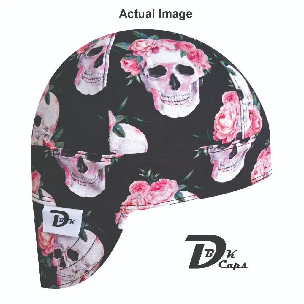 Black Pink Flower Skull Welding Cap (6 3/8", Black Liner, No, 7" Standard Length)
