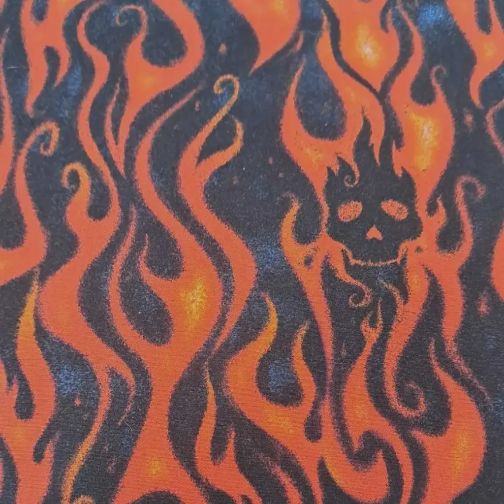 Black Skull Orange Flame Fabric (1/4 Yard (9" x WOF))