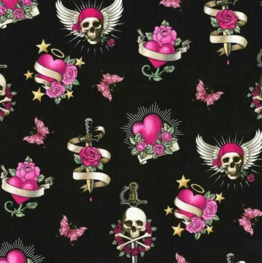 Black Skull Heart Sword Fabric (1/4 Yard (9" x WOF))