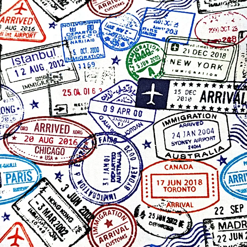 White Passport Stamp Fabric (1/4 Yard (9" x WOF))