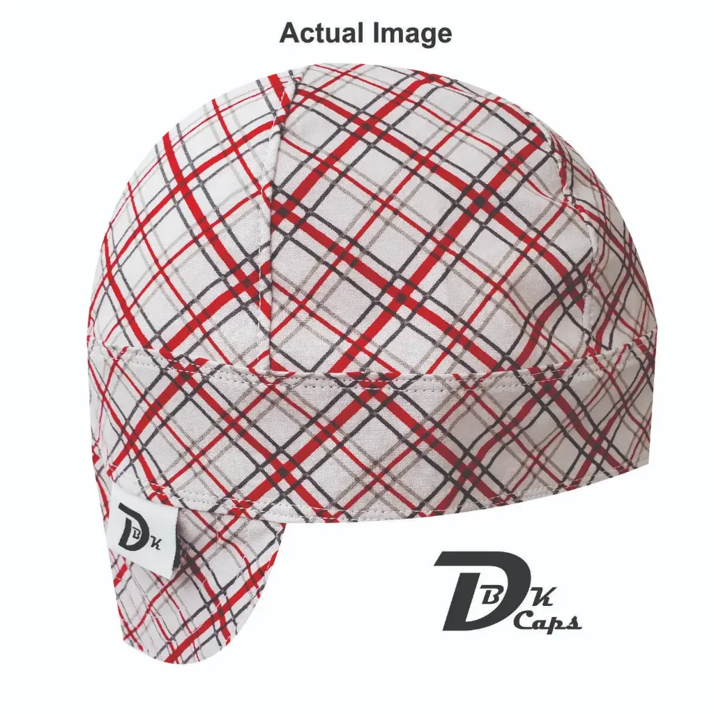 White Red Check Welding Cap (6 3/8", Black Liner, No, 7" Standard Length)