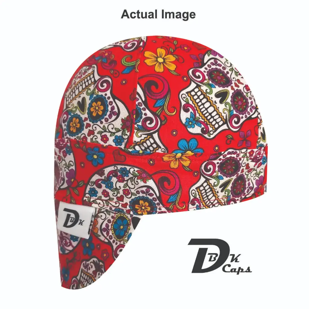 Red Sugar Skull Welding Cap (6 3/8", Black Liner, No, 7" Standard Length)