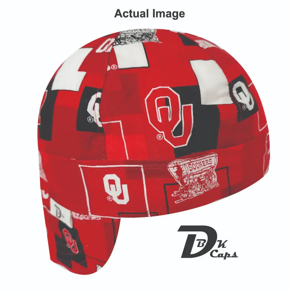Red OK State Word Welding Cap (6 3/8", Black Liner, No, 7" Standard Length)