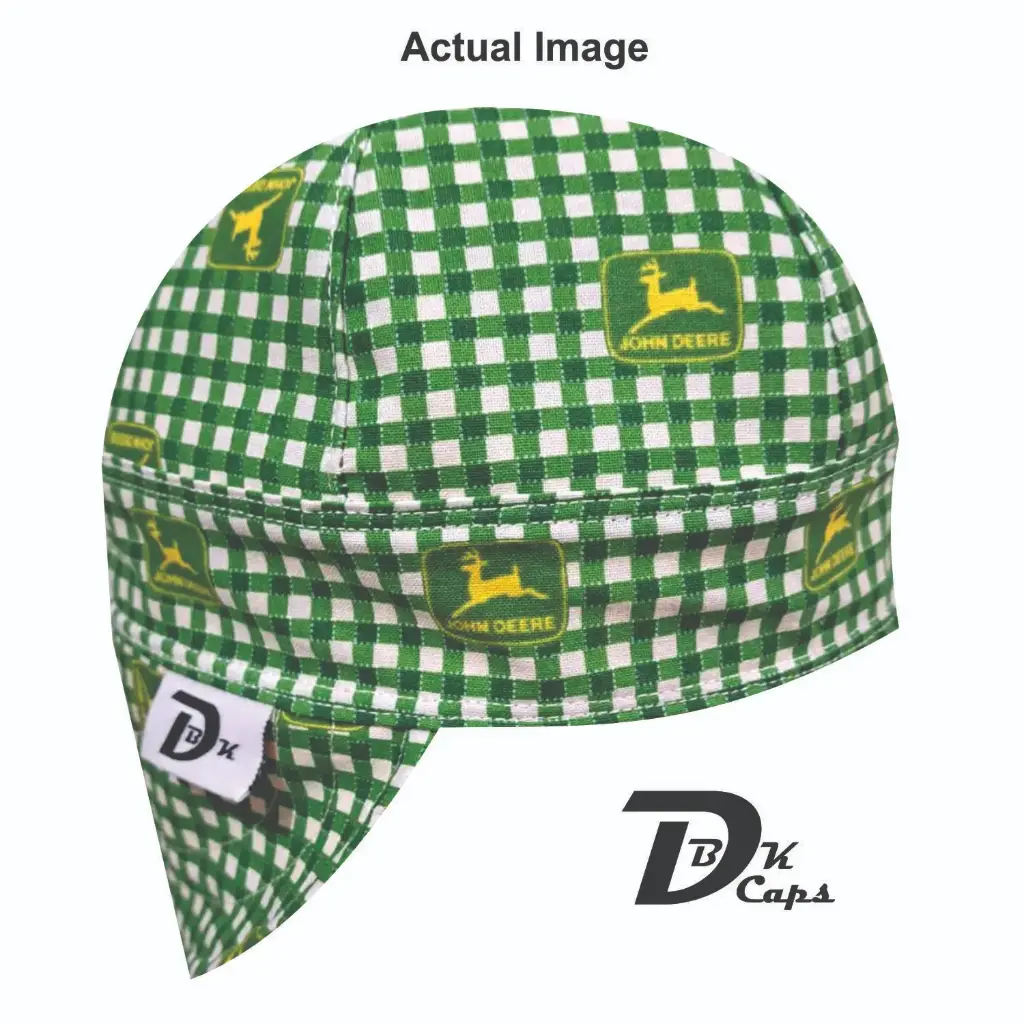 Green John Deer Check Welding Cap (6 3/8", Black Liner, No, 7" Standard Length)