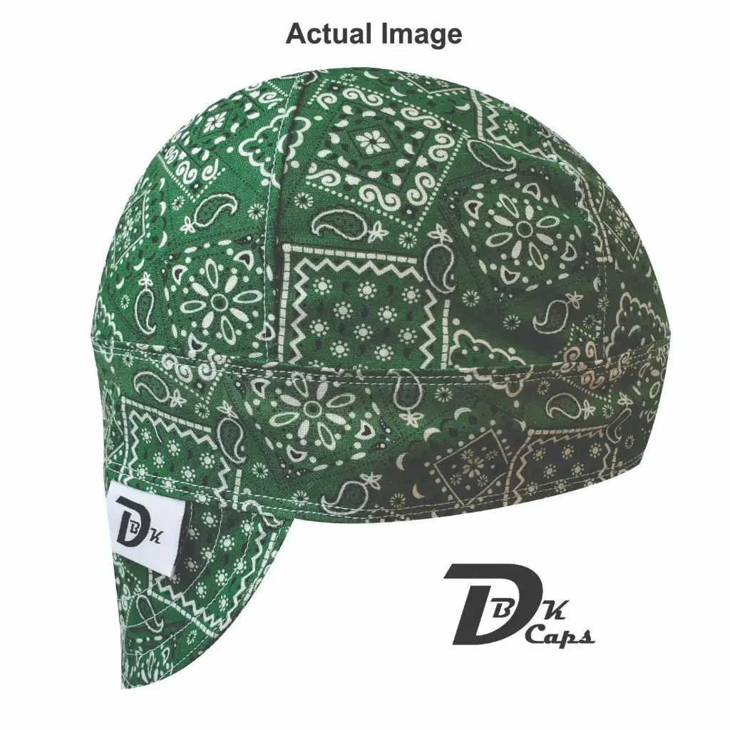 Green Bandana (Dark) Welding Cap (6 3/8", Black Liner, No, 7" Standard Length)