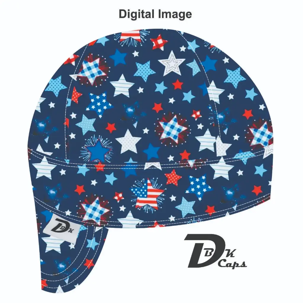 Blue Patriotic Fireworks Star Welding Cap (6 3/8", Black Liner, No, 7" Standard Length)