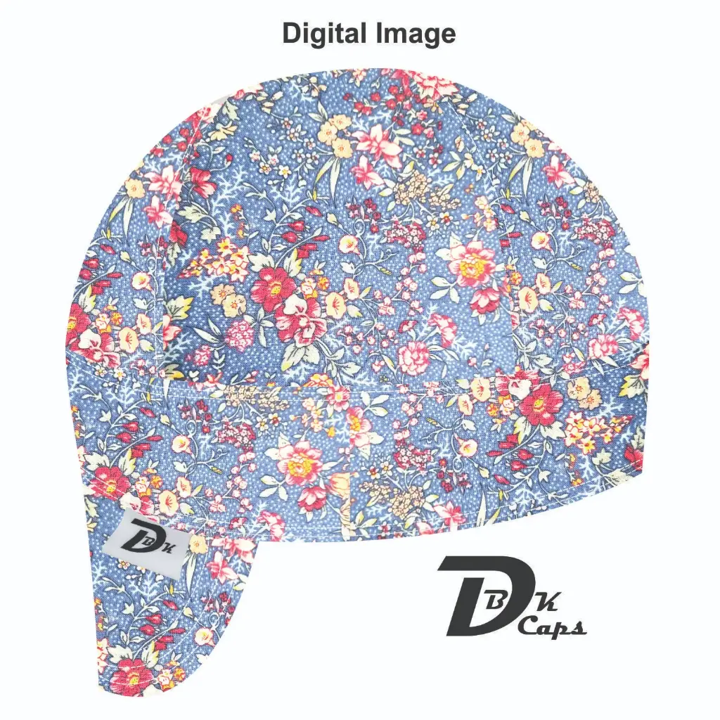 Blue Large Floral Welding Cap (6 3/8", Black Liner, No, 7" Standard Length)
