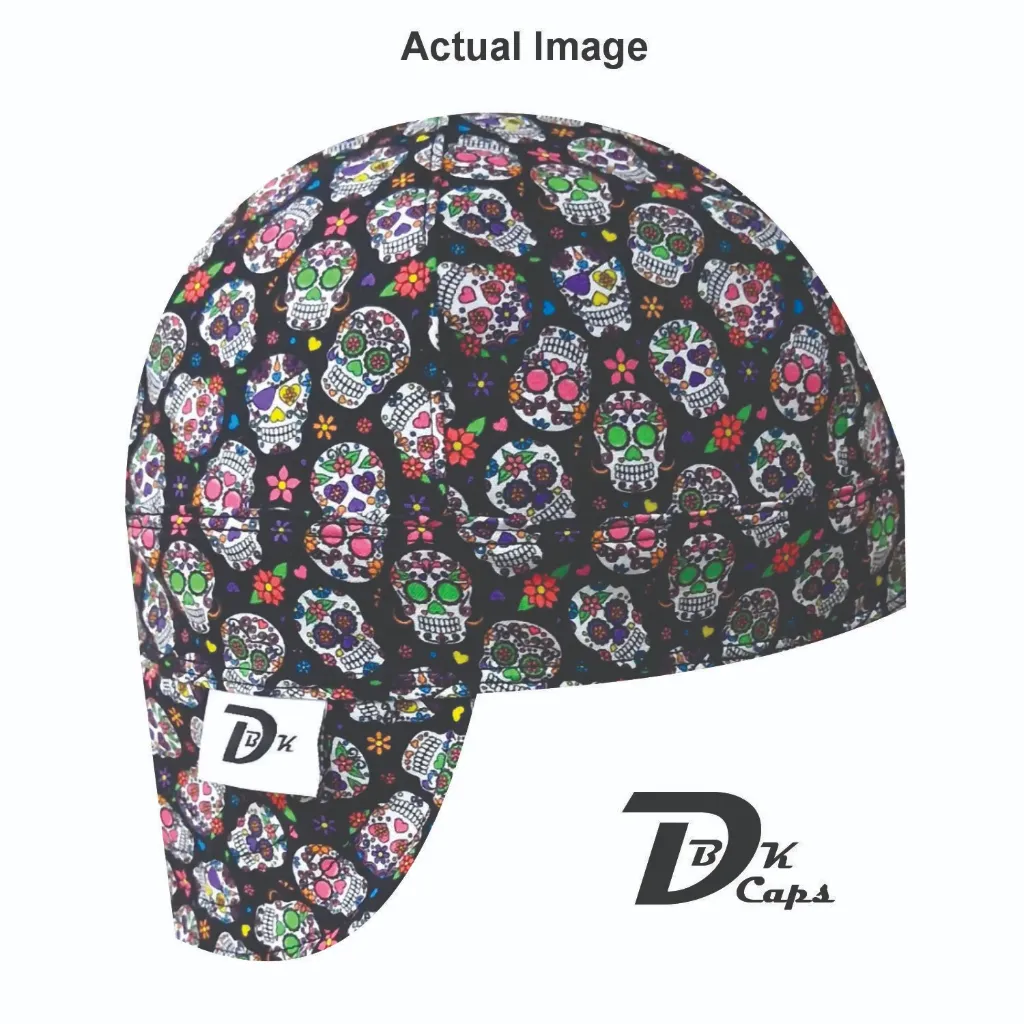 Black Sugar Skull Flower Welding Cap (6 3/8", Black Liner, No, 7" Standard Length)